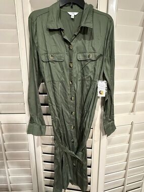 NWT - Olive Green Long Sleeve Button-Front Shirt Dress